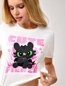 SHEIN How to Train Your Dragon 女士卡通字母印花短袖露脐上衣和长裤睡衣套装，夏季 - 白色 - 查看 3