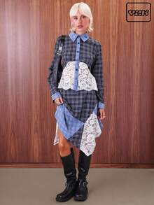 COUREZ Asymmetric Midi Skirt WIth Patchwork Lace And Check /Y2K Going Out Outfits  Women Clothes  Clothes Cute Spring Clothes For Women Lace Skirt - Multicolor - View 1