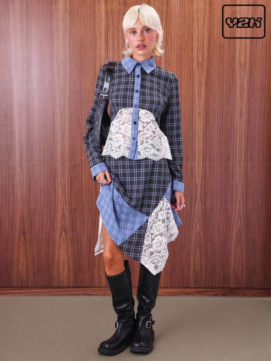 COUREZ Asymmetric Midi Skirt WIth Patchwork Lace And Check /Y2K Going Out Outfits  Women Clothes  Clothes Cute Spring Clothes For Women Lace Skirt - Multicolor - View 1