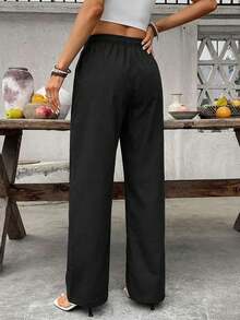 SHEIN Holidaya Quần jeans nữ ống đứng dáng rộng, màu trơn, cạp chun, dây rút, túi hông. - màu đen - Xem 2