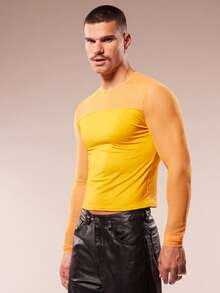 FeverCity Áo thun nam tay ngắn cổ tròn phối lưới, thời trang, đa năng, phong cách thường ngày. - trái cam - Xem 4