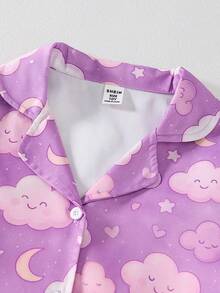 2pcs Girls Casual Smile Cloud Print Cardigan Short Sleeve Shorts Pajama Set - Multicolor - View 4