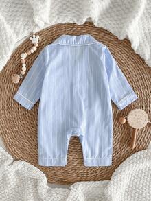 新生儿连体衣，蓝白条纹，前口袋，刺绣马图案，翻领，长袖，长裤，连体裤，爬行服，家居服 - 淺藍色 - 查看 2