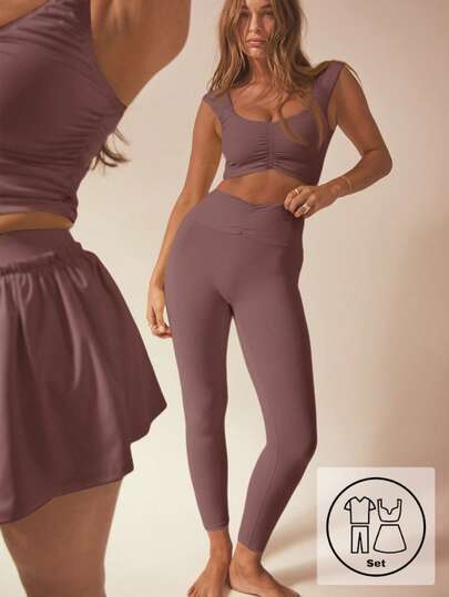 Aralina 女士纯色褶皱短款背心和紧身裤运动套装