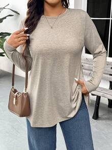 SHEIN Frenchy Maglietta lunga da donna con collo a giro, manica lunga, design con taglio sulla schiena, taglia comoda, versatile per uso quotidiano e pendolarismo, top a maniche lunghe primaverile da donna - Albicocca - Visualizzare 4