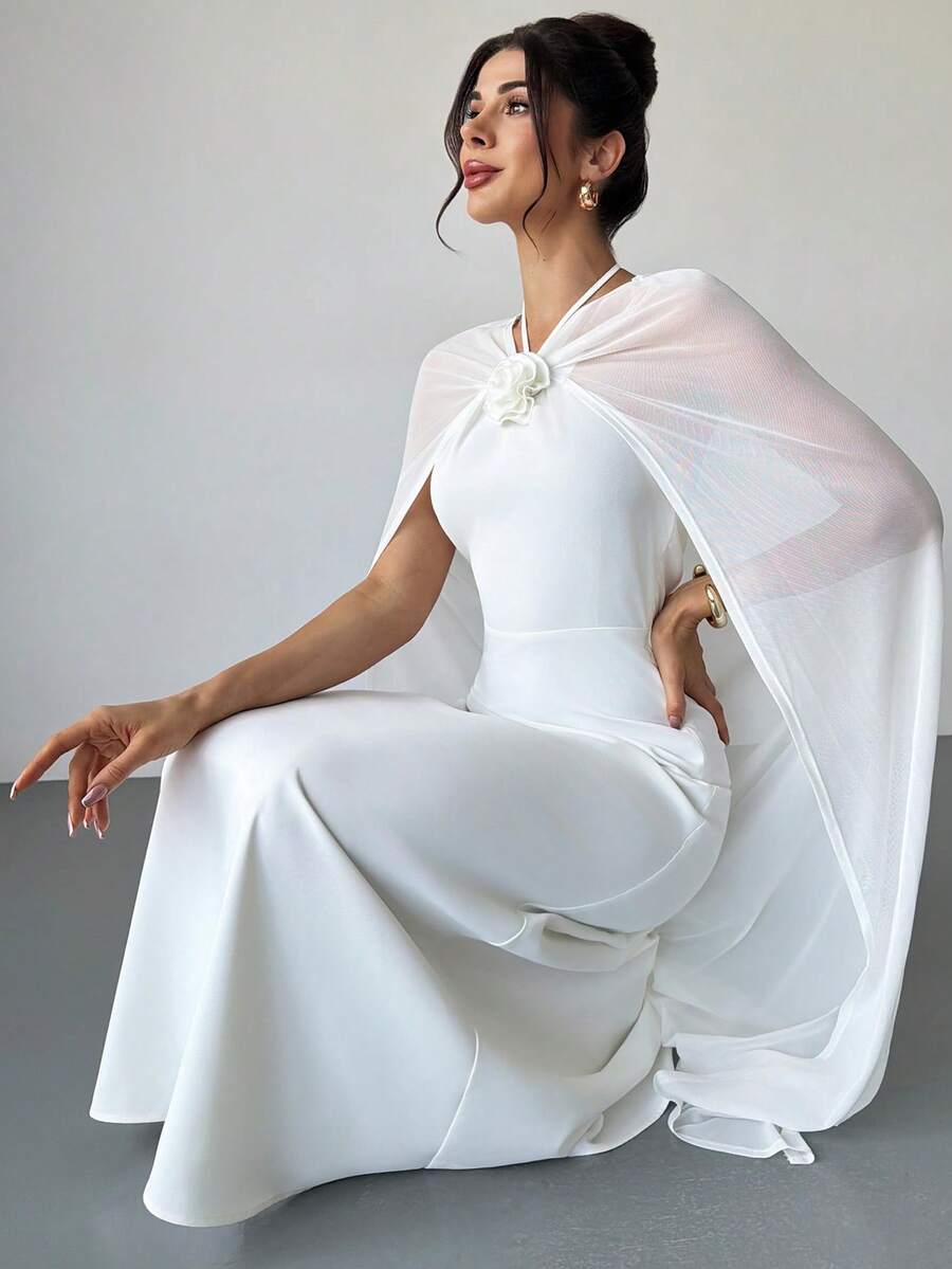 Firerie Women's Elegant, Delicate, Romantic, Minimalist Holiday Party Ball Wedding Guest Dress, Birthday, Valentine's Day, Date, Vacation, 3D Floral Chiffon Long Scarf Maxi A-Line White Dress - White - View 1