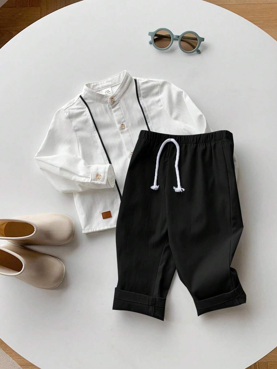 2pcs Baby Boy/Girl Decorated Ribbon Collar Short Sleeve Cardigan Top And Elastic Waist Casual Pants Set - Black and White - View 1