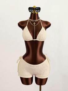 Bonvoyette Bộ bikini 3 món dành cho nữ, chất liệu vải trơn, có họa tiết, kiểu buộc dây cổ. - Màu be - Xem 5