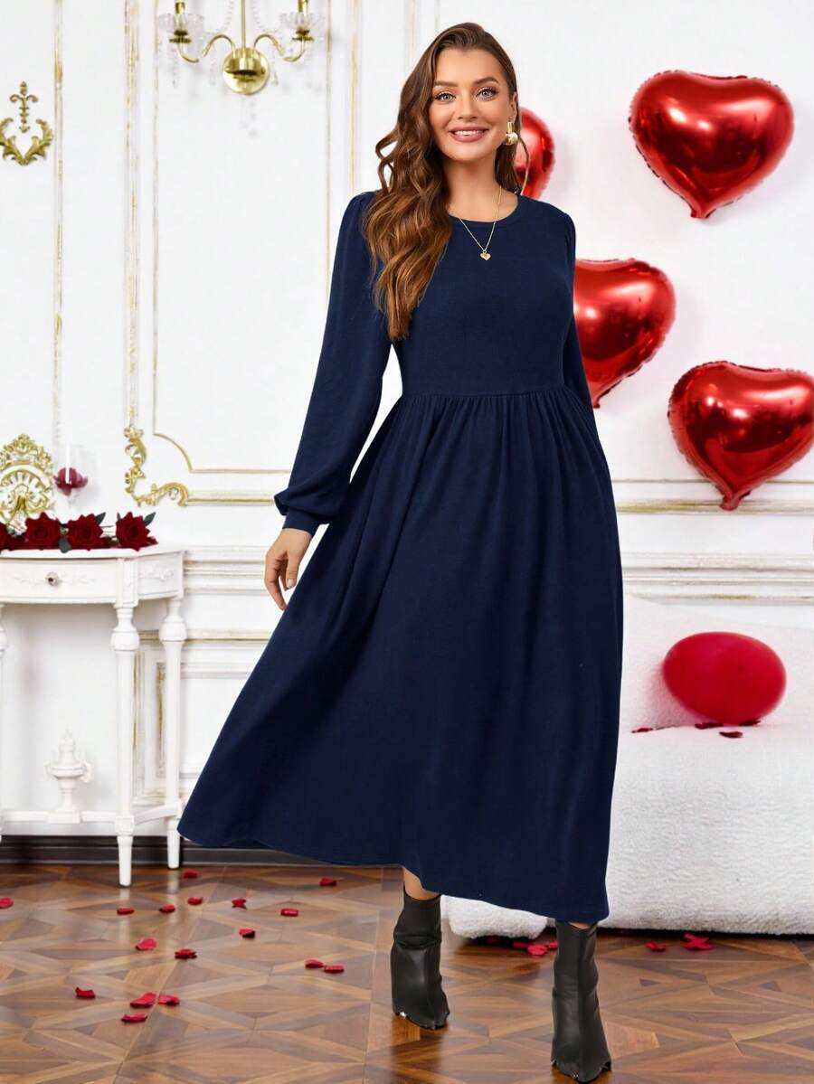 EMERY ROSE Váy len họa tiết cổ tròn tay dài cỡ lớn dành cho nữ, mùa thu - Màu xanh hải quân - Xem 1