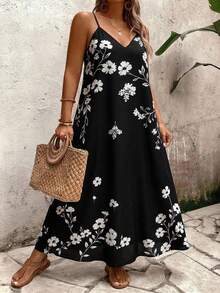 Breezaya 大码女式深V领无袖印花休闲通勤优雅时尚百搭复古沙滩度假夏季新款宽松长裙 - 彩色 - 查看 6