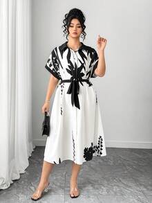 Elenzga Plus Size Elegant Floral Color Block Shirt Dress, Slimming Belt Design, Suitable For Daily Commute And Outdoor Activities - Multicolor - View 3