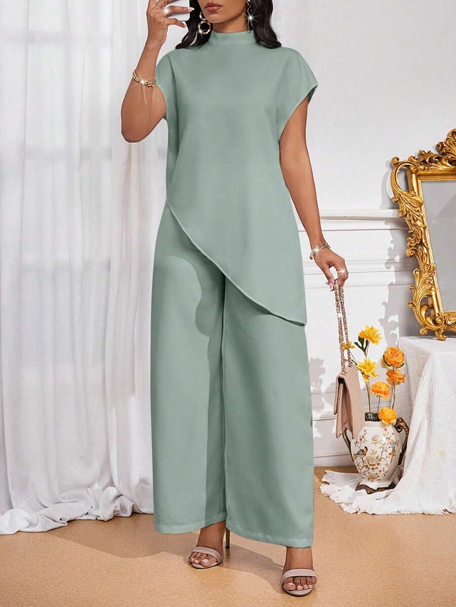 SHEIN Lady Women's Casual Mint Green Stand Collar Tunic Top And Wide Leg Pants Two-Piece Set - Mint Green - View 1