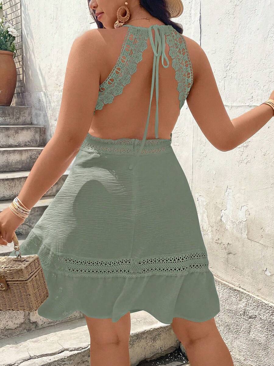 SHEIN Clasi Đầm nữ cổ cao không tay phối ren - màu xanh lá - Xem 1