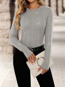 EMERY ROSE Women's Fashionable Commuter Shiny Fitted T-Shirt, Autumn Gray Top Long Sleeve Top Women Long Sleeve Tops Ribbed Top Grey Tops For Women - Grey - View 8