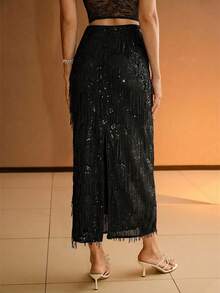 MOTF PREMIUM Falda recta con detalle de flecos de lentejuelas para mujer, para uso en fiestas - Negro - Ver 3