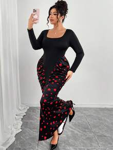 Elenzga Plus Size Women's Heart Print Long Sleeve Ruched Waist Maxi Dress,Black And Red,Autumn,Party,Rave, Elegant New Year Girlfriend Gathering Black - Multicolor - View 6