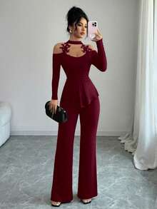 Elenzga 优雅性感女士派对/约会/通勤两件套：蕾丝边露背不对称下摆长袖上衣和修身纯色喇叭裤，秋冬款 - 酒紅色 - 查看 4