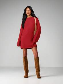 MISSGUIDED Slash Neck Long Sleeve Knit Mini Sweater Dress For Fall Winter Casual Day Wear - Burgundy - View 5
