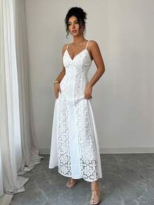 Elenzga Women's V-Neck Sleeveless Backless Floral Lace Patchwork Beach Vacation Dress, Spring/Summer - White - View 5