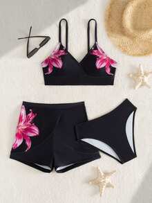 SHEIN 少女百合印花比基尼套装，针织面料，可调节细肩带，V领设计，荷叶边下摆，时尚优雅，适合游泳、夏季、海滩和度假。 - 黑色 - 查看 1