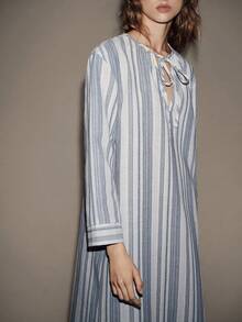Chiquease Women's Vacation Cotton Striped V-Neck Split Dress Blue Striped Dress Long Sleeve Summer Dresses Casual Midi Dress - Multicolor - View 6