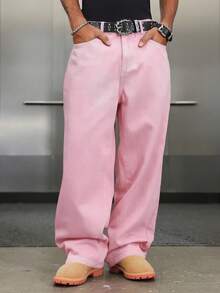 Manfinity ZONE917 Quần jeans nam ống đứng dáng rộng, có túi và cúc, kiểu dáng thường ngày, đa năng, phù hợp đi làm. - Hồng - Xem 4