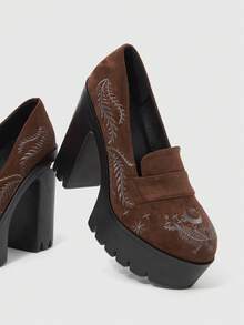 ROMWE Goth Women's Solid Color Suede Thick Sole Chunky Heel Pumps Spring/Autumn Fashion Strap Shoes With Embroidered Plant & Moon Pattern, Comfortable High Heel Shoes Valentine's Day - Brown - View 2