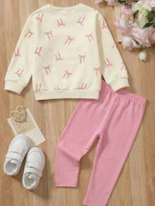 SHEIN Baby Girl Casual Knit Soft Thick Crew Neck Long Sleeve Sweatshirt And Leggings Set, Suitable For Autumn/Winter