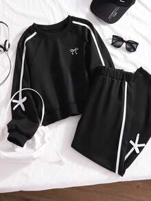 2pcs/Set Girls Casual Minimalist Crew Neck Sweatshirt Set, With White Ribbon Trim On Sleeve And Pant Side, Suitable For Spring & Autumn, Heavy Weight 250G Sweatshirt Jacket - Black - View 5