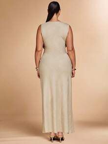 SHEIN BAE 加大垂坠领褶饰侧裙 - 卡其色 - 查看 2