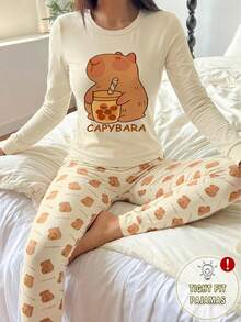 少女甜美可爱优雅休闲舒适日常粉色水豚卡通涂鸦图案圆领套头针织高弹力修身长袖上衣和裤子两件套睡衣 - 黃色 - 查看 5