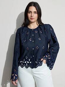Aveloria Modichic Winter New Arrival French Elegant Loose Embroidery Hollow-Out Patchwork Plus Size Long Sleeve Cardigan Shirt - Navy Blue - View 2