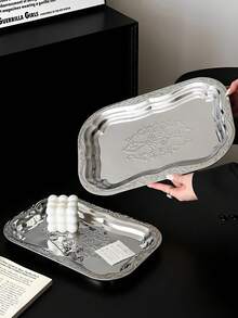 1 Piece Large Vintage Stainless Steel Tray With Elegant French Embossed Pattern High Quality Durable Cake Plate Serving Tray For Home Dining Tabletop Storage Decor Party Wedding Coffee House Essential Hot Item - Silver - View 8