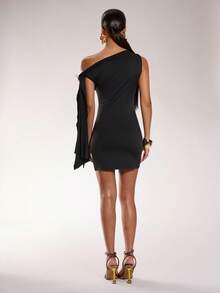 Sexy Black Wrap Dress With Asymmetric Ruffle Sleeves, Fitted Waist And Bodycon Silhouette, Elegant French Style - Black - View 2