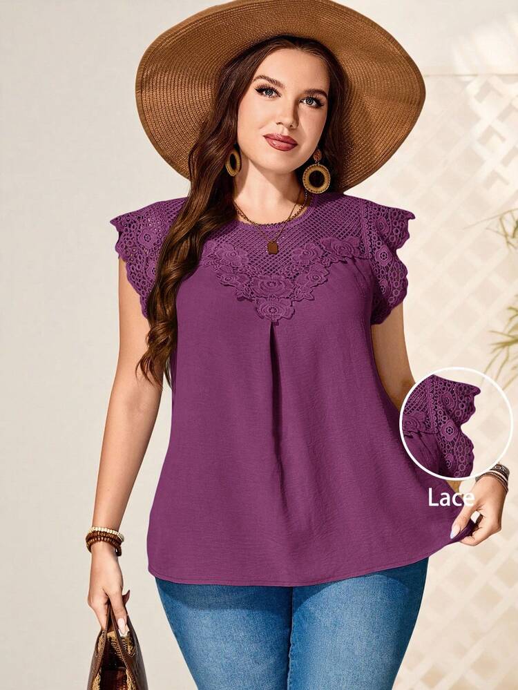 Plus Size Women Water-Soluble Lace Tunic Tops Dressy Blouses , Vacation Summer, Summer Tops