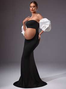 MaterniChic Maternity Clothes Maternity Dress Maternity Photoshoot Dress With Contrast Color Off-Shoulder And Cutout Waist Pregnancy Dress For Photoshoot Elegant Dresses For Women Baby Shower Dress  Pregnancy Photoshoot Dress Sexy Maternity Dress Elegant  Beach Dress Black