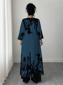 Elenzga 大码女式休闲印花外套和裤子两件套 - 藍色 - 查看 2