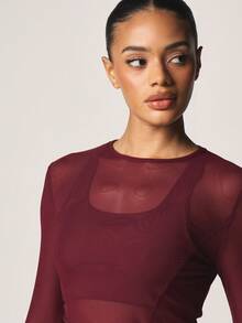MISSGUIDED Long Sleeve Mesh Layering Active Top With Crew Neckline And Semi Sheer Panels For Training And Fitness - Burgundy - View 5