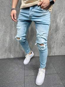 Manfinity Homme 男士纯色做旧毛边修身休闲牛仔裤 - 淺色水洗藍 - 查看 3