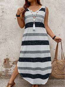 Breezaya Striped Casual Plus Size Dress With Personalized Maxi Women Outfit - Multicolor - View 5