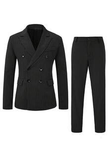 Manfinity Bizformal Men's Black Striped Business Formal Suit - Black - View 3