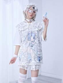 ROMWE EDITION Cute Anime Print Vaporwave Style Women T-Shirt - White - View 7