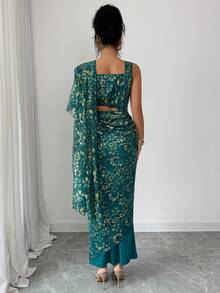 Rafferiza Women's Green Shimmering Gold Lace Shawl Dress, Waist-Revealing, Fitted, Halter-Neck, Faux Two-Piece Set, Suitable For Holiday Wear, Summer Dress, Women's Long Summer Dress, Casual Banquet Attire, Banquet Wear, Wedding Guest Dress, Everyday Commuting, Carnival Costume, Robe Dress, Shawl Women's Dress, St. Patrick's Carnival Costume, Luxury Wedding Evening Dress, Wedding Party Dress, Wedding And Event Dress, Modified Lace Women's Long Dress, Sparkly Dress, Glittery Dress.Graduation Season Attire, Fashionable Casual Commuter Wear, Business Office Wear, Versatile And Stylish Everyday Casual Wear, Urban Teacher's Professional Attire - Green - View 3