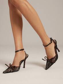 SHUZIA Women Chic Party Sexy Point Toe Lace Ankle Strap Stiletto Heel Pumps - Black - View 2