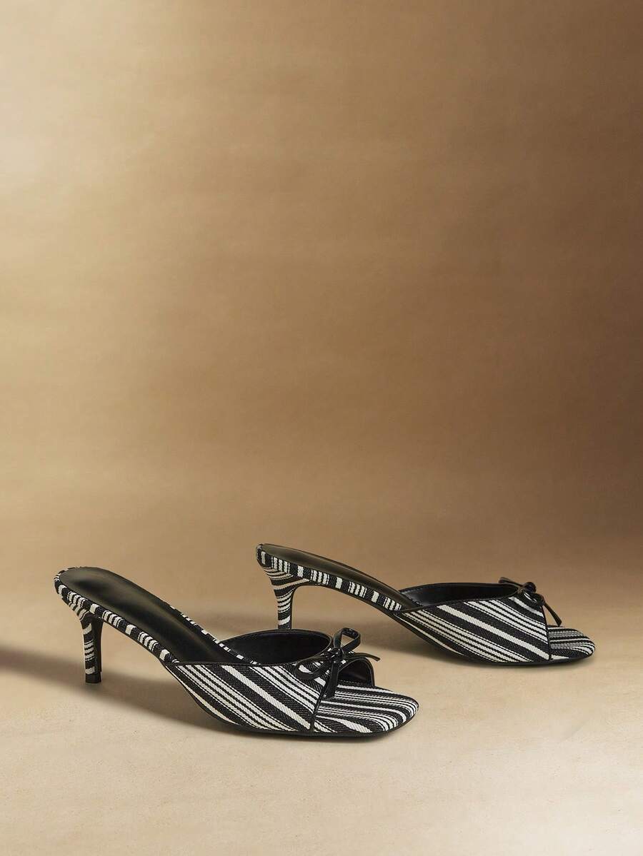Rosivie Damen Quadratische Zehenkappe High Heel Schwarz & Weiß gestreifte Schleife Elegante, süße, romantische Sandalen, Offene Zehenschuhe, geeignet für Dates, Modepartys, Arbeitsoutfits, vielseitige Damen Slip-On Pantoffeln