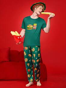 Happy Jammies Men's Burger & Fries Print Crew Neck Short Sleeve Top And Pants Casual Loungewear Set - Multicolor - View 1