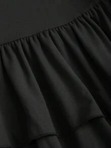Sweetra 女士优雅荷叶边下摆圆领长袖修身休闲通勤连衣裙，秋冬款 - 黑色 - 查看 6