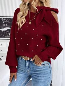EMERY ROSE Women's Fashion Pearl Detail Bow Shoulder Sweater Burgundy Sweater Women's Sweater Cold Shoulder Sweater Pearl Sweater - Burgundy - View 5