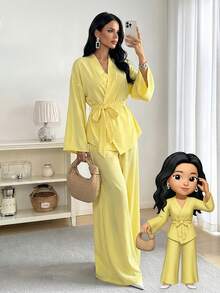 Firerie Bộ áo khoác cardigan cạp rộng thanh lịch, giản dị, đi nghỉ mát, đi làm mới dành cho nữ và quần cạp chun, Bộ áo cánh dài tay đơn giản, thiết kế quấn, dây rút, quần cạp chun, trang trọng, bohemian, hẹn hò, đám cưới, công sở, trang phục xuân thu đông, bộ đồ thường ngày rộng rãi, bộ màu vàng kem - Vàng nhạt - Xem 4