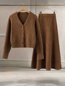 Franclia Women's Autumn/Winter Cardigan Long Sleeve Sweater And Long Skirt 2-Piece Set - Brown - View 1